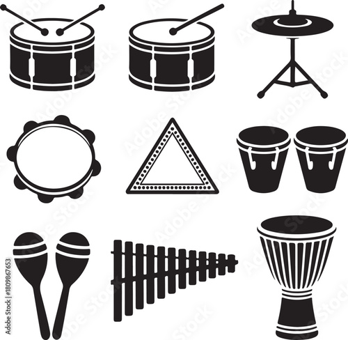 Black and White Silhouette Illustration of 9 Percussion Instruments