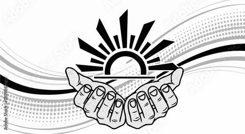 Hands holding a rising sun symbol representing hope and support.