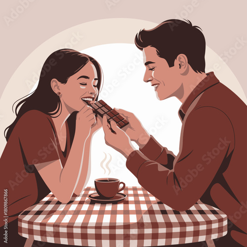 Couple sharing chocolate and coffee at a checkered table