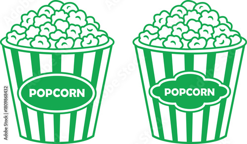 Popcorn bucket silhouette icons set. Minimalist green stripes popcorn bucket vector illustration, isolated on transparent background. Eps 10