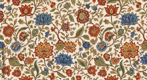 Intricate Floral Pattern with Vibrant Blooms and Greenery.