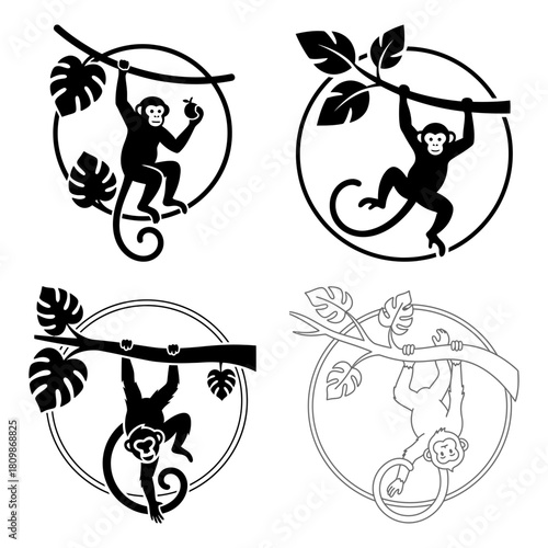 International monkey day four black and white monkey icon variations in circle frame isolated on