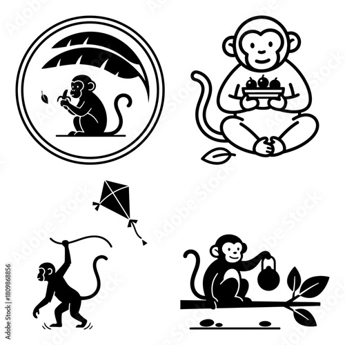 International monkey day four stylized black and white monkey icons featuring kite, food, and foliage