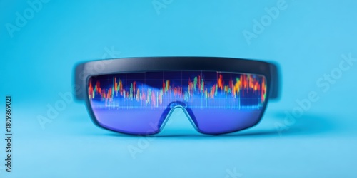 Fintech data visual design, A pair of futuristic glasses displaying colorful data graphs against a vibrant blue background, representing advanced technology and innovation.