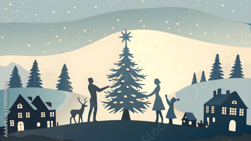 Family decorating christmas tree in snowy winter landscape with houses and reindeer silhouette design