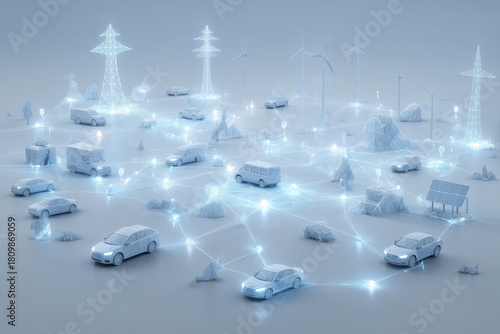 Futuristic electric vehicle network visualization showing connected cars, smart grid elements and renewable energy sources in a clean minimal 3D style