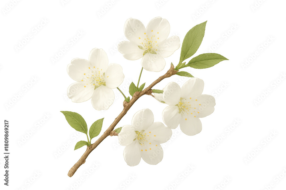 Obraz premium White cherry blossom branch with green leaves blooming, signifying spring, renewal, nature, and beauty on transparent background