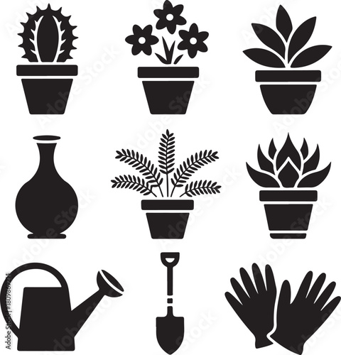 Black and White Silhouette Illustration of 9 Plant Pot and Gardening Objects