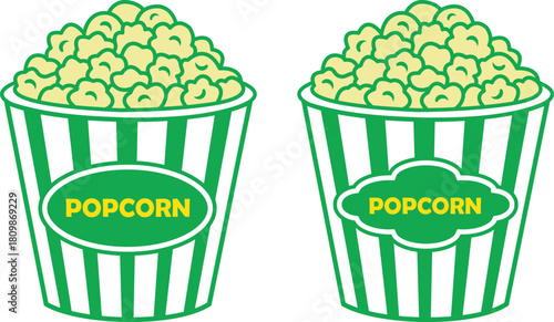 Popcorn bucket silhouette icons set. Minimalist green and white stripes popcorn bucket vector illustration, isolated on transparent background. Eps 10