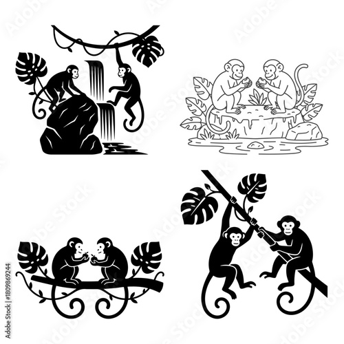 International monkey day set of four graphic design element featuring monkey silhouettes and line drawing