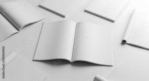 Blank white brochure and magazine mockups scattered on a white background, perfect for design presentation, isolated on white