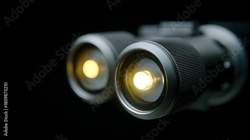 Close up view of two illuminated metallic binocular es against a dark contrasting background highlighting precision optics