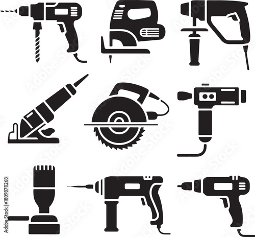 Black and White Silhouette Illustration of 9 Power Tool Objects