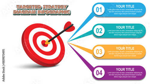 Targeted Strategy Diagram With Four Colorful Arrows and Four-Step Infographic for Business Planning, Workflow Visualization, Marketing Strategy, and Growth Process Presentations