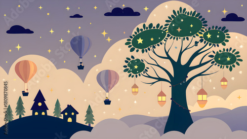 Illustration of night scene with hot air balloons tree lanterns and houses under a starry sky and clouds