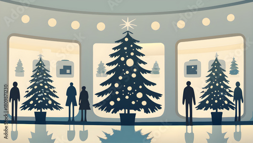 Stylized christmas scene with silhouettes of people and christmas trees in a modern art gallery setting