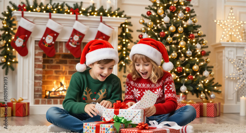 Happy boy and girl opening Christmas gifts together. Excited children in Santa hats unwrapping presents in a cozy living room with a fireplace and decorated tree