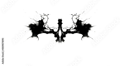 Abstract ink blot with symmetrical pattern, isolated on transparent background, reminiscent of a rorschach test, inviting introspection and interpretation, creating a visually intriguing and thoughtpr
