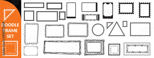 Doodle frame set, vector hand drawn stamp border, vintage abstract wavy post stamp simple design. Blue decorative rectangle label, empty banner shape collection. Coastal retro postmark doodle big set