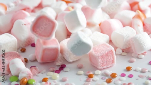 A colorful display of marshmallows and sprinkles on a white background