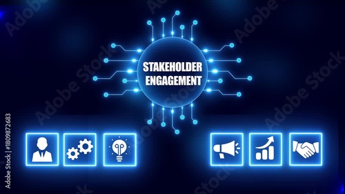 Business concept of stakeholder engagement with icons and glowing network on dark blue background strategy