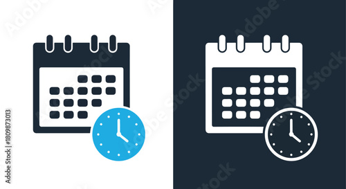 Calendar and clock icons on dark background - Vector icon symbol for website - Icon vector - Blue icon vector - Line and glyph solid icon and logo template