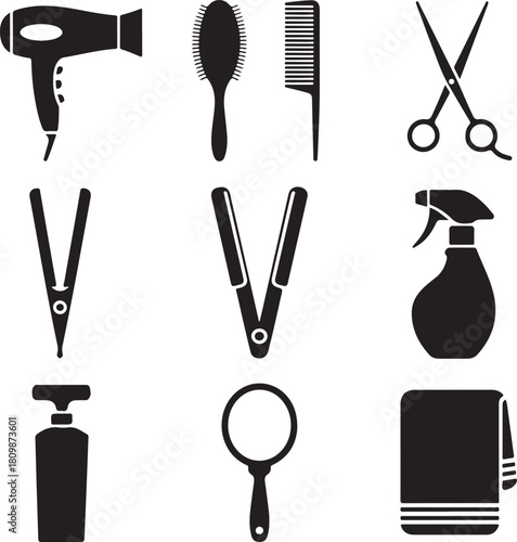 Black and White Silhouette Illustration of Salon Tools Hairdryer Brush Comb Scissors Straightener Spray Bottle Mirror Razor Towel