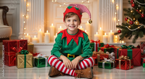 Happy boy in a Christmas elf costume sitting with presents. Cheerful child celebrating the holiday season by a festive fireplace. Santa's little helper concept