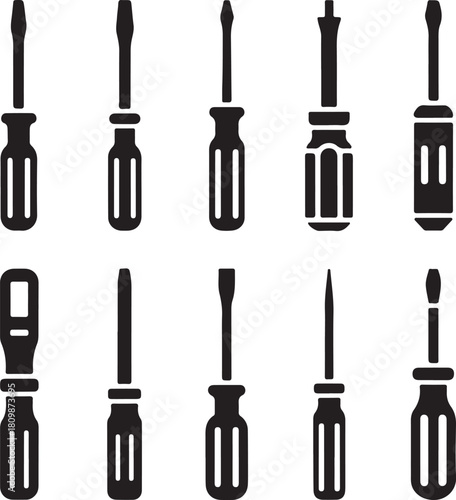 Black and White Silhouette Illustration of Screwdrivers Flathead Phillips Torx Hex Electric Precision Ratcheting Stubby Insulated Handle