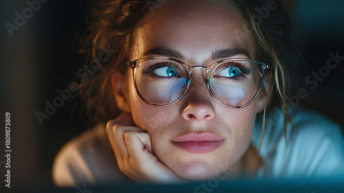 Introspective woman wearing glasses gazing thoughtfully into the distance in dim light. Her focused expression suggests deep contemplation.