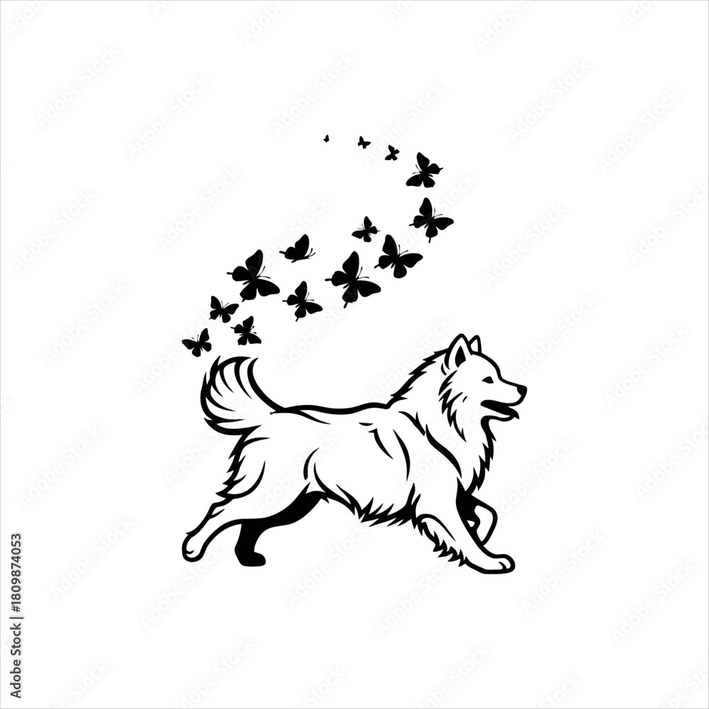 Obraz premium Whimsical Samoyed Dog Running with Butterfly Trail