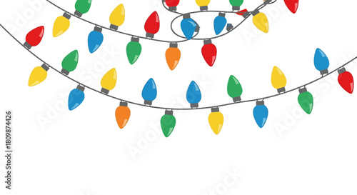 Two strands of colorful string lights are suspended against a white background