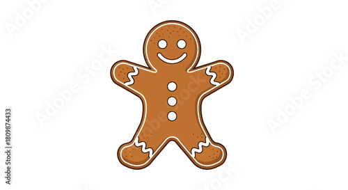 A brown gingerbread man cookie with white icing trim a smiling face and three buttons