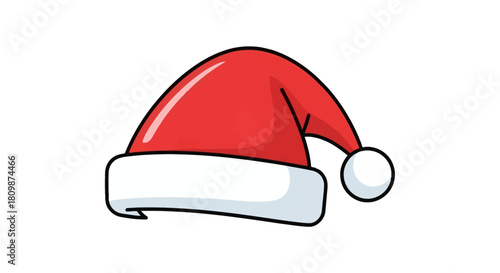 A cartoon depiction of a Santa Claus hat featuring red fabric a white brim and a fluffy white ball on the tip