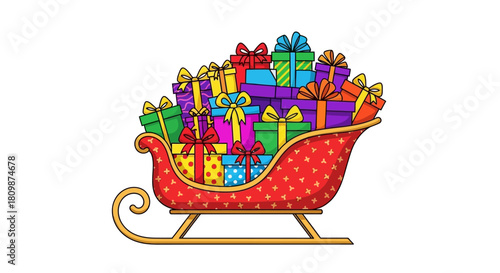 A red Christmas sleigh full of colorful wrapped gifts with bows against a white background