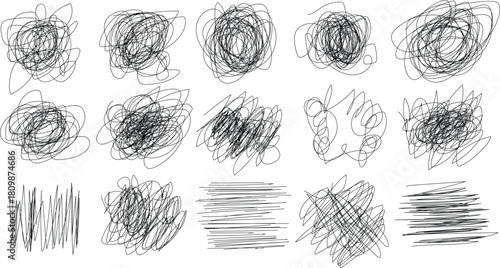 Collection of hand drawn scribble textures and grunge elements on white background