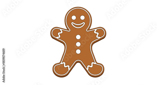 Brown gingerbread man with white icing trim buttons eyes and mouth on a white background