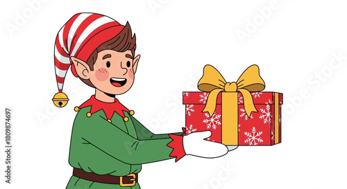 An elf smiles holding a present with red wrapping white snowflakes and a yellow ribbon