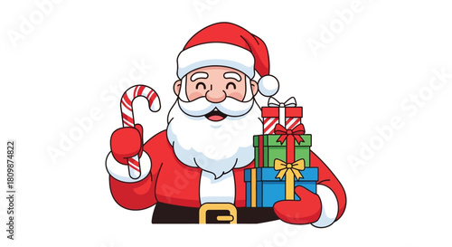 Cartoon Santa Claus holding gifts and a candy cane smiling happily