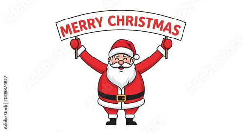 Cartoon Santa Claus holds Merry Christmas sign red suit  hat white trim  beard arms raised