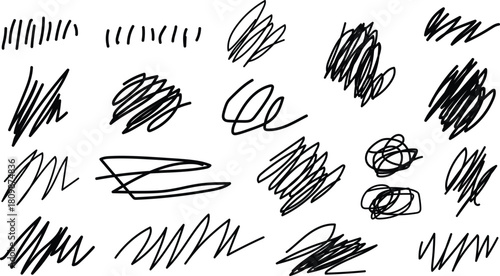 Collection of hand drawn scribble lines and shapes in black ink