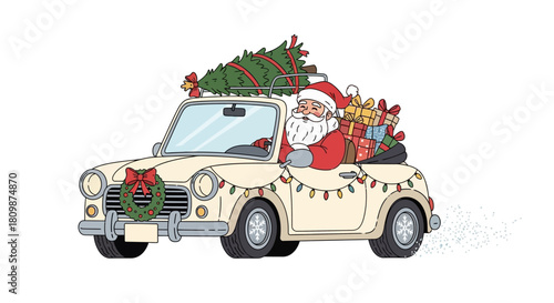 Cartoon Santa driving a car with a Christmas tree and gifts on a white background