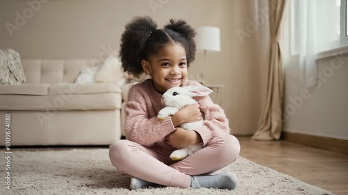 Adorable Little African American Girl Sitting Cross-Legged on a Rug, Cuddling a White Plush Rabbit Toy in a Cozy Living Room