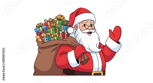 Cartoon Santa waves carrying a sack full of gifts