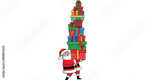 Cartoon Santa struggling to carry a tall stack of colorful Christmas presents