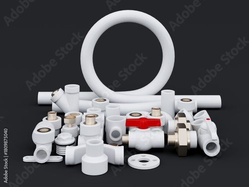 Assortment of White Plastic Plumbing Pipes and Fittings 3D Render