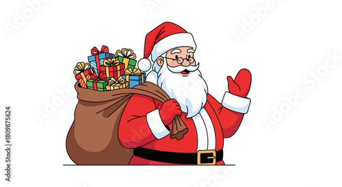 Santa carries a sack of gifts waving his gloved hand