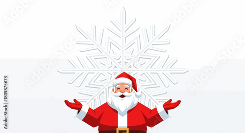 Santa Claus arms wide smiles before a large white snowflake on a white background