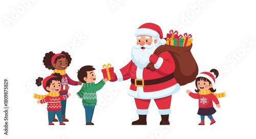 Santa Claus gives presents to children carrying a bag of gifts on his back