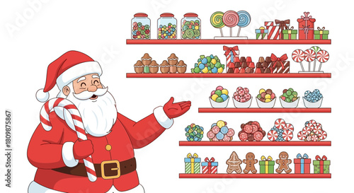 Santa Claus gestures toward shelves brimming with candies chocolates and gifts